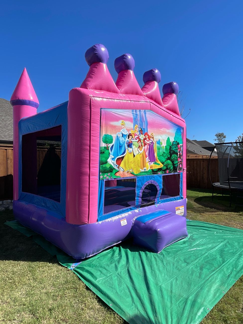 Pink and purple princess-themed bounce house set up on a green tarp in a backyard with a wood fence